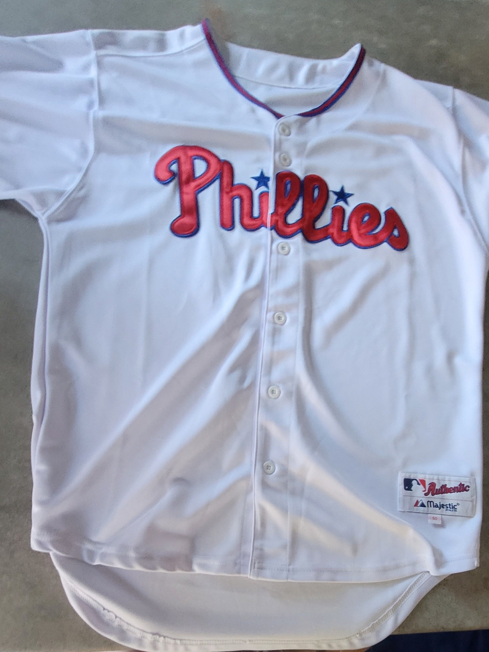 Majestic White Phillies Jersey with Red & Blue Trim - 8 Shane VICTORINO